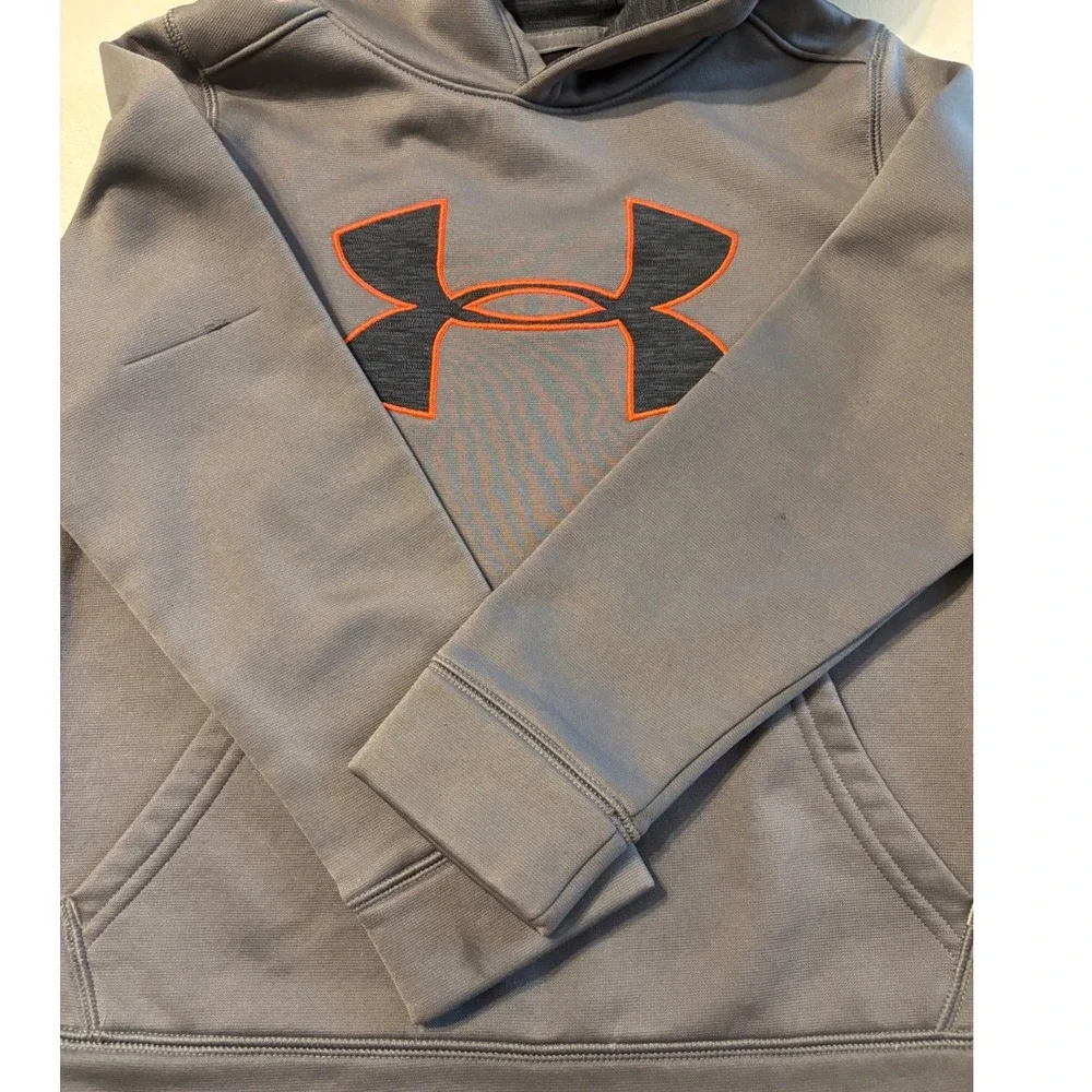 Under Armour Kids Gray Hoodie Youth Small Orange Logo‎ Pullover Sweatshirt NOTE!